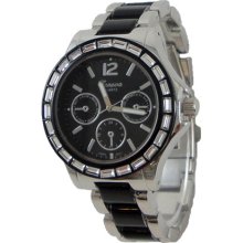 Black & Silver Metal Watch w/ Clear Baguette Stones & Chronograph Look - Black - Sterling Silver - 3