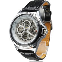 Black Men's PU Analog Mechanical Dress Style Wrist Watch