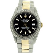 Black stick dial SS & gold men oyster diamond bezel rolex datejust watch - Black - Metal