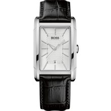 BOSS Black Large Rectangular Leather Strap Watch
