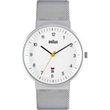 Braun Mens Analog Stainless Watch - Silver Mesh Bracelet - White Dial - BN-32WHS