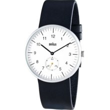 Braun Mens Analog Stainless Watch - Black Leather Strap - White Dial - BN-24WH