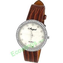 Brown Leather Strap Rhinestone Round Lady's Quartz Watch