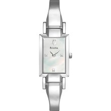 Bulova Ladies Stainless Steel Rectangular Case Diamond Collection Mother of Pearl Dial Adjustable Link-Bangle 96P137