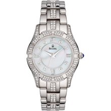 Bulova Ladies Swarovski Crystal Stainless Steel Dress Mother Of Pearl Roman Numeral Dial 96L116