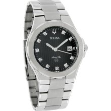 Bulova Marine Star Diamond Mens Black Dial Stainless Steel Dress Watch 96D14