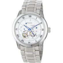 Bulova Mens BVA Series Dual Aperture Automatic Stainless Watch - Silver Bracelet - White Dial - 96A118