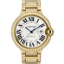 Cartier Ballon Bleu 42mm Yellow Gold Pave Diamond Watch WE902012