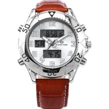 Cavennoni Lcd Date Analog White Dial Brown Leather Mens Sport Watch Usts