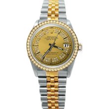 Champagne string diamond dial bezel rolex date just solid gold & SS watch - Gold - Gold - 7