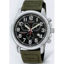 Citizen Eco Drive Men`s Chronograph Watch W/Black Dial & Green Fabric Strap