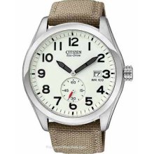 Citizen Eco-Drive Mens Watch Cream Dial Khaki Nylon Strap BV1080-18A