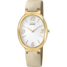 Citizen Ladies Allura Eco-Drive Gold Tone Oval Stainless Steel Case Leather Bracelet Silver Dial EX1232-09A