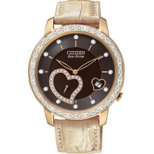 Citizen Ladies Eco-Drive Rose Gold Tone Stainless Steel Case Diamond Accents Heart Shaped Sub-Dial Brown Dial EV1003-09X