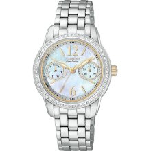 Citizen Ladies Stainless Steel Eco-Drive Silhouette Crystal Mother Of Pearl Day Date Gold Bezel FD1034-55D