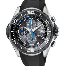 Citizen Men's Stainless Steel Aqualand Chronograph Black Rubber Strap Blue Accents BJ2117-01E