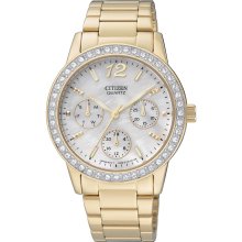 Citizen Quartz Womens Oversized Crystal Chronograph Stainless Watch - Gold Bracelet - Pearl Dial - ED8092-58D