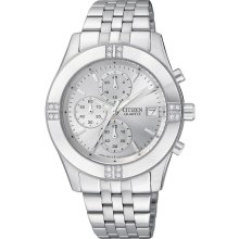 Citizen Quartz Womens Oversized Chronograph Stainless Watch - Silver Bracelet - Silver Dial - FA1040-51A