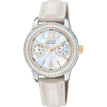 Citizen Womens Eco-Drive Silhouette Swarovski Stainless Watch - White Leather Strap - Pearl Dial - FD1036-09D