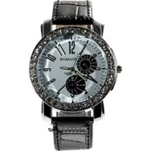 Crystal Inlaid Bezel Luminous Hands Quartz Wrist Watch Date Leather Ba