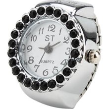 Crystal Women's Black Style Alloy Analog Quartz Ring Watch (Silver)