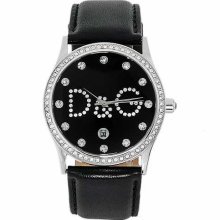 D&g Dolce Gabbana Black Leather Crystal Accented Logo & Date Women's Watch