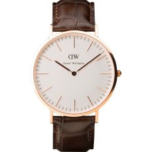 Daniel Wellington Mens York Classic Analog Stainless Watch - Dark Brown Leather Strap - White Dial - 0111DW