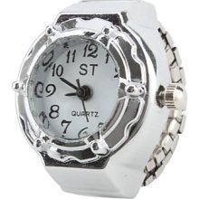 Dial Women's White Style Alloy Analog Quartz Ring Watch with Big ST (Silver)