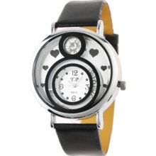 Diamond Inlaid Round Black Leather Analog Watch for Women - Black - Stainless Steel
