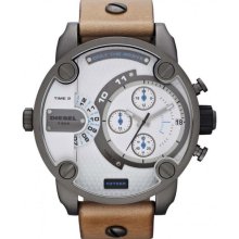 Diesel Mens SBA Chronograph Stainless Watch - Brown Leather Strap - White Dial - DZ7269