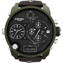 Diesel Sba Green Dz7250 Black Leather Chronograph Mens Oversized Watch