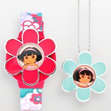 Dora The Explorer Silver Tone Flower Digital Watch And Pendant Set -