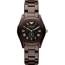 Emporio Armani Chocolate Brown Ceramic Women Watch Ar1448 Rose Gold Ip Mop Dial