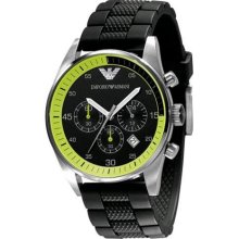Emporio Armani Gents Sport Watch With Black Rubber Strap, Round Case Black Dial And Green Detail