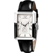 Emporio Armani Men's Classic AR0472 Black Leather Quartz Watch with White Dial