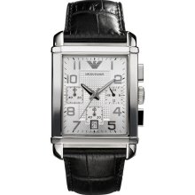 Emporio Armani Men's Silver Dial Black Chronograph Leather Strap Watch - Emporio Armani AR0333