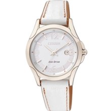 EW1782-04B - Citizen Sapphire Eco-Drive WR 30m Gold Tone White Leather Ladies Watch