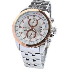 Fashion Men's White Dial Border Gold And Number Sliver Band Wrist Watch