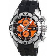 Festina Mens Tour De France Stainless Watch - Black Rubber Strap - Orange Dial - F16600-6