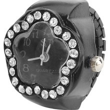 Flower-Shaped Women's Black Style Alloy Analog Quartz Ring Watch (Black)