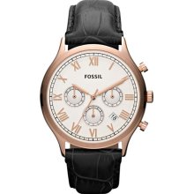 Fossil Mens Ansel Chronograph Stainless Watch - Black Leather Strap - White Dial - FS4744