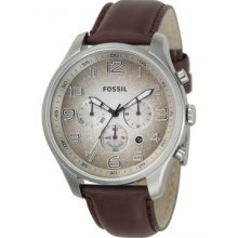 Fossil Men's Brown Leather Silver Steel Chronograph Watch Taupe Dial Fs4515