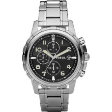 Fossil Mens Dean Chronograph Stainless Watch - Silver Bracelet - Black Dial - FS4542
