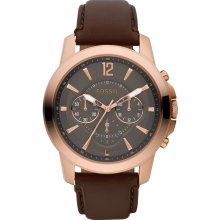 Fossil Mens Grant Chronograph Stainless Watch - Brown Leather Strap - Brown Dial - FS4648