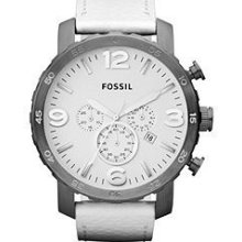 Fossil Mens Nate Chronograph Stainless Watch - White Leather Strap - White Dial - JR1423