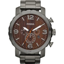 Fossil Nate Chronograph Wood Dial Stainless Steel Mens Watch JR1355