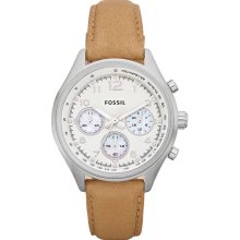 Fossil Womens Flight Chronograph Stainless Watch - Brown Leather Strap - White Dial - CH2824