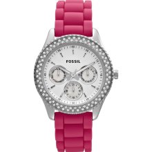 Fossil Women's Stella ES3214 Pink Silicone Analog Quartz Watch with Silver Dial