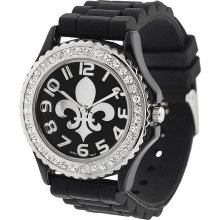 Geneva Platinum Women's Rhinestone Fleur De Lis Silicone Watch