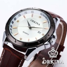 Genuine Orkina Mens Stainless Steel Case Date Display White Dial Quartz Watch